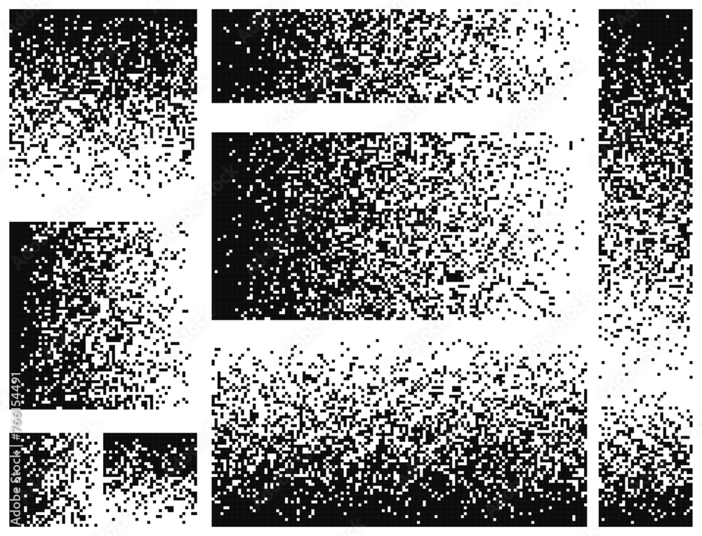 Fototapete 1-bit Pixel Dithering Gradients Set. Disintegration Pixel Art Effect. Vector Banner Elements. Disappear Rectangle Texture. Dissolved Pixels. Vector Illustration.