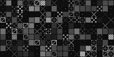 Abstract Pixel Symbols Vector Pattern. Geometric Retro Computer Game Style Texture. Generative Art Tech Vector Illustration. Grid of Pixel Shapes. - obrazy, fototapety, plakaty