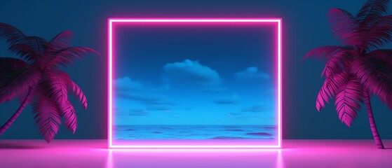 a pink neon frame with a blue sky and clouds - obrazy, fototapety, plakaty