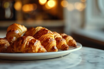 a plate of croissants on a marble table