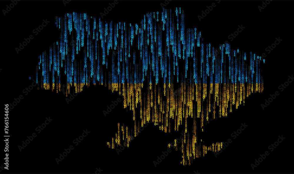 Poster Ukraine Digital Map Dots Particles. Vector Map Background. 3D Flag of Ukraine made of Falling Binary Digits. Digital Flag of Ukraine. Digital Hackers War Concept. Vector Illustration.