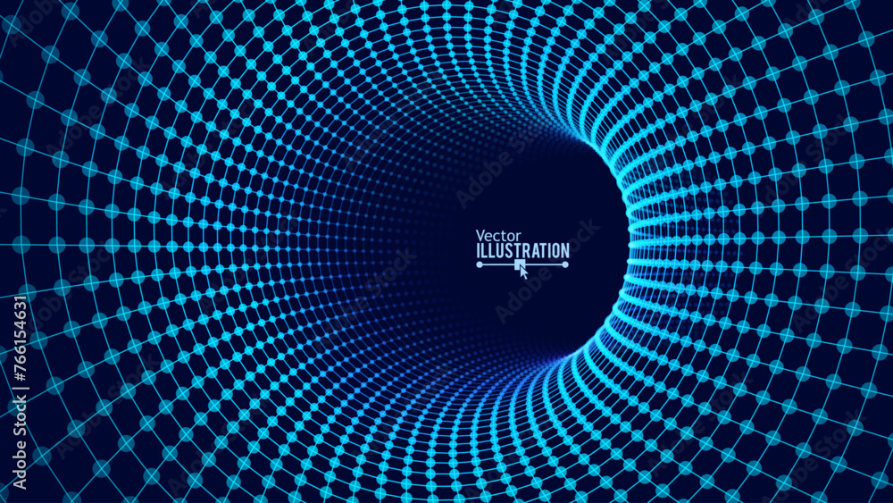 Leinwandbilder blue digital tunnel or wormhole. wireframe abstract mesh with hole. 3d tunnel grid mesh. blue hi tec