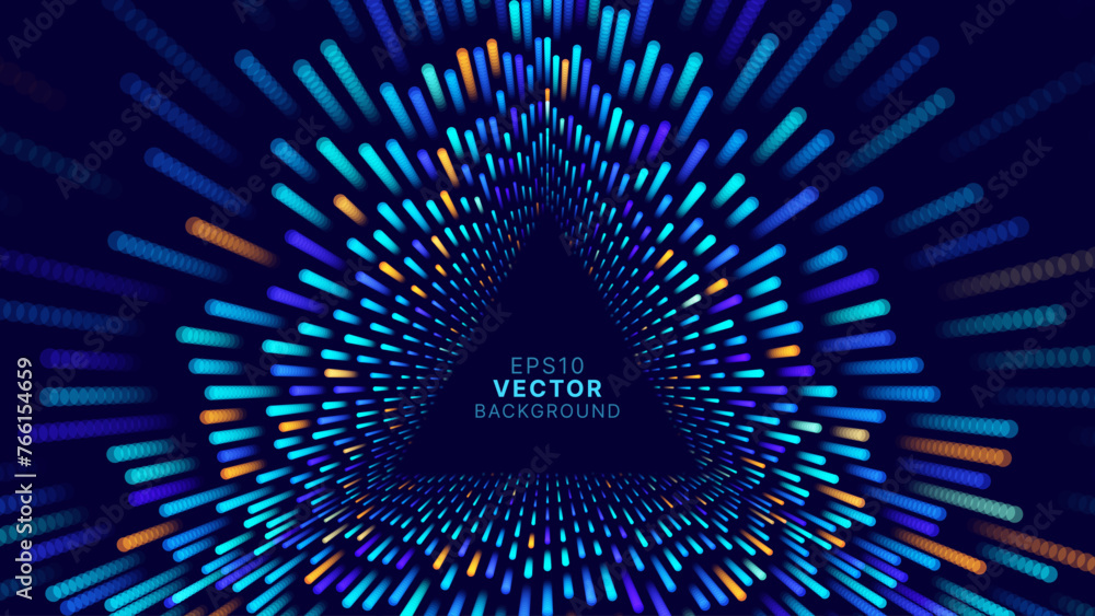 Poster Triangle Frame Border Blue Lights DJ Party Flyer Background. Triangle Tunnel Big Data Backdrop Data Flow Particles Moving with Trails. Vector Illustration.