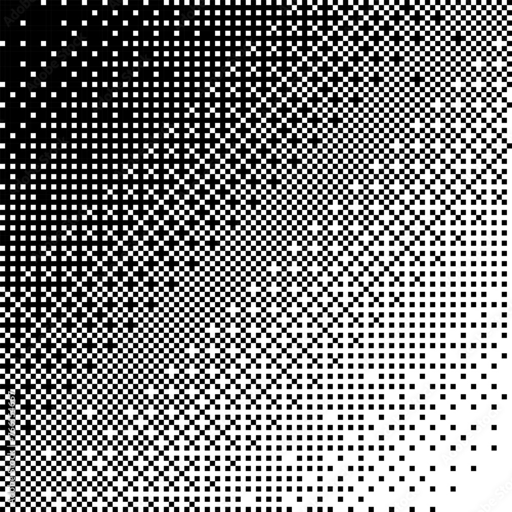 Poster Square Pixel Halftone. Black and white linear gradient. Vector Backdrop. Dithering effect. Pixel gradient abstract mosaic background for modern design. 1 8 16 bit background.