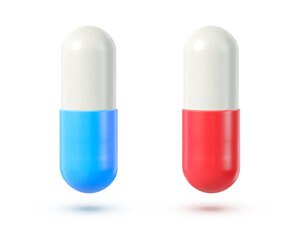 Red and Blue Pills. Medical Pills from the Matrix. Important Choice Metaphor. Decision Symbol Concept. Vector Illustration.