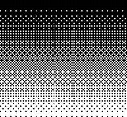 Square Pixel Halftone. Black and white linear gradient. Vector Backdrop. Dithering effect. Pixel gradient abstract mosaic background for modern design. 1 8 16 bit background.