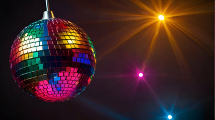 Obraz premium Shiny colorful disco ball with lights, with copy space