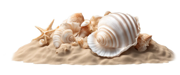 Sea shell in sand pile isolate on transparent background, cutout, png