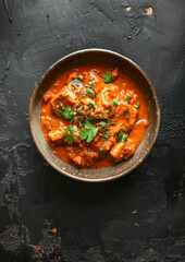 Indian butter chicken. Top view. On dark surface. Meal. Spicey. 
