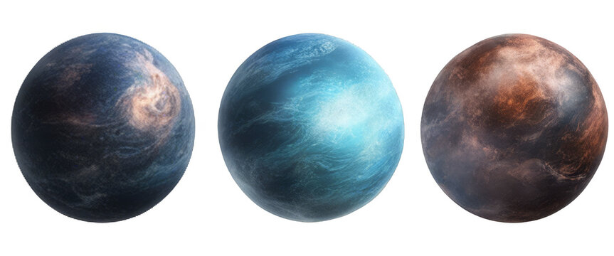 realistic Set of fantasy planets row isolated on white background