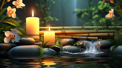 a candle next to rocks and bamboo