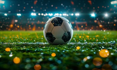 A close-up view of a classic black and white soccer ball on a dewy green grass field, illuminated by stadium lights at night.