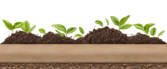 realistic soil and plants row isolated on white background