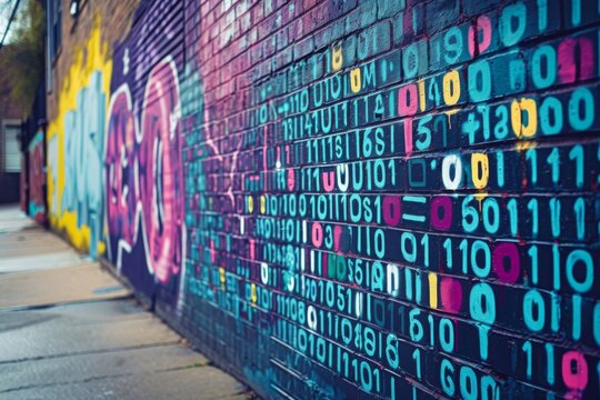 A wall adorned with an abundance of painted numbers, creating an intriguing and mathematically-themed display, A graffiti wall covered with an artistic design using binary code, AI Generated