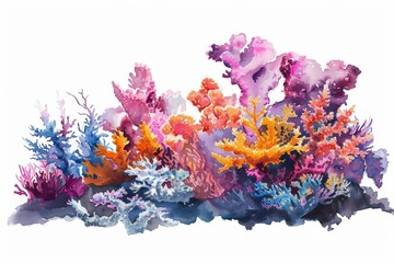 Watercolor illustration of a vibrant and diverse coral reef ecosystem, with room for text at the bottom, ideal for educational and environmental themes