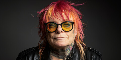 A rock personality with iconic red hair and yellow-tinted sunglasses makes a striking statement, representing a unique and bold music industry style.
