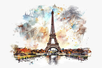 Artistic watercolor illustration of the Eiffel Tower with autumnal trees, perfect for Paris travel concepts or artistic backgrounds with space for text