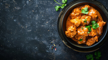 Indian butter chicken. Top view. On dark surface. Meal. Spicey. 
