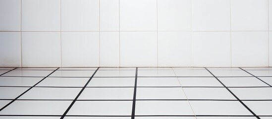 A whitetiled room with a rectangle of guitar accessories on the slope, parallel to the wooden wall with mesh pattern. Musical instrument accessories in font