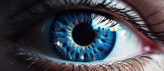A macro photograph showcasing a womans electric blue iris and long eyelashes, a perfect fashion accessory for a makeover with eyelash extensions - obrazy, fototapety, plakaty