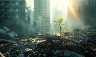 Save world and plant concept, Young sapling breaking through urban concrete, sun rays filtering through skyscrapers, symbolizing hope and renewal in the city, - obrazy, fototapety, plakaty