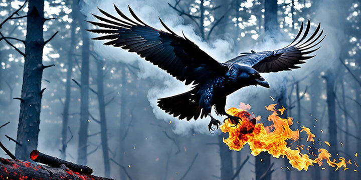 Black raven flying. Black crow. Evil bird. Glowing wings. Misty and smokey red smoke, fire and embers.