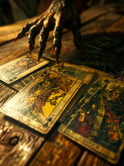 A mummy witch skull hand playing tarot cards on a wooden table near burning candles in candle light. Tarot cards spread on table, black magic