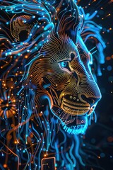 Electric Blue Neon Lion, an Artistic Digital Representation Blending Wild Nature with Modern Technology