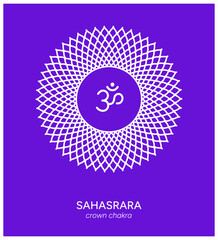 Sahasrara, crown chakra, line art symbol. Meditation, spirituality, energy, healing vector illustration icon with background