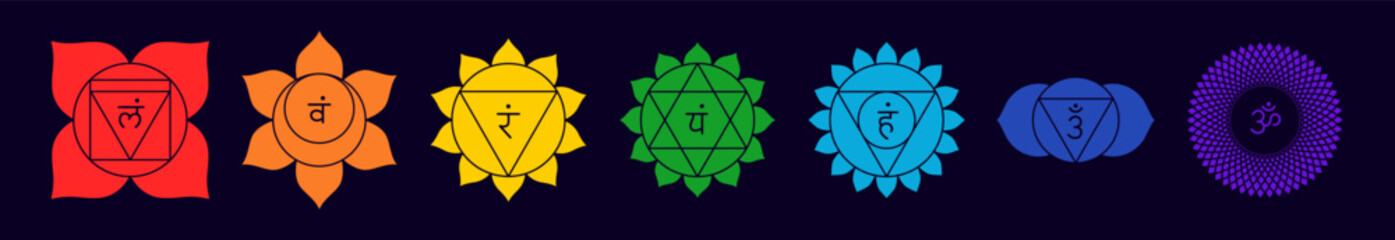 Chakra set, line art symbols. Meditation, spirituality, energy, healing vector illustration icon set on dark background