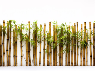 a bamboo fence with green leaves