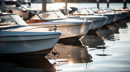 a row of boats in water - obrazy, fototapety, plakaty