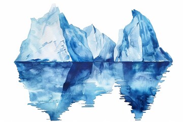 Hand-painted watercolor illustration of a serene iceberg with reflection in the water, ideal for environmental, travel, or climate change-related themes with ample space for text