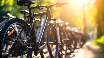 a group of bicycles parked on a sidewalk