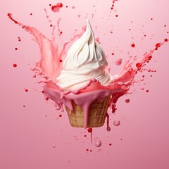 a pink and white ice cream cone with liquid splashing
