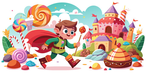 Young Hero Saves Candy Kingdom from Sugar Storm - Vector Illustration