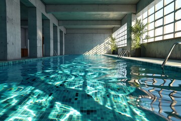 a swimming pool with a large window - obrazy, fototapety, plakaty
