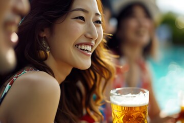 a woman smiling with a glass of beer