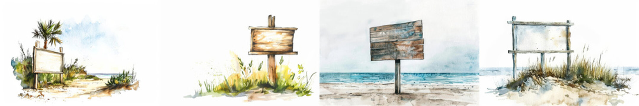 Four separate watercolor paintings depicting various wooden signposts in a beach setting, with space for text, ideal for summer-themed designs and vacation concepts