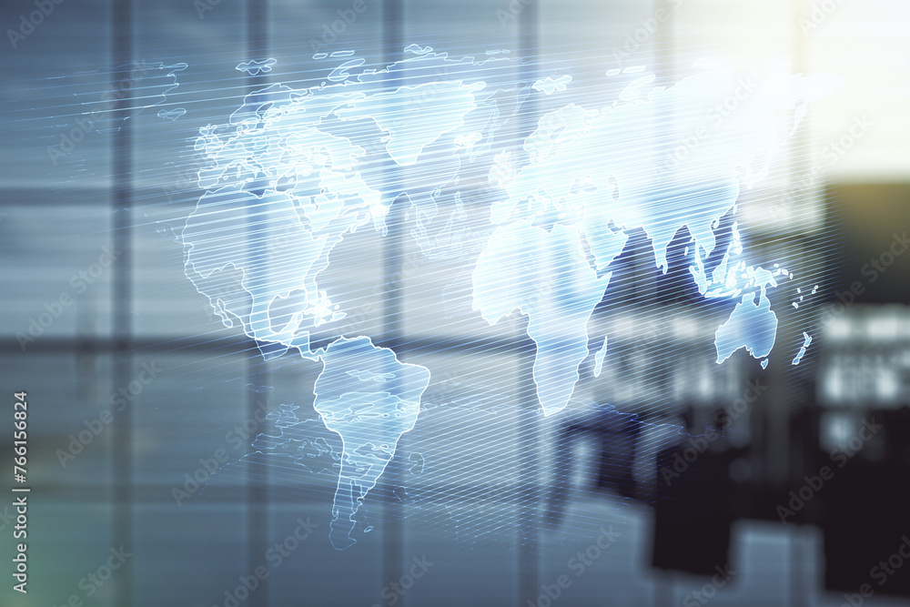 Poster multi exposure of abstract creative digital world map hologram on a modern meeting room background, 