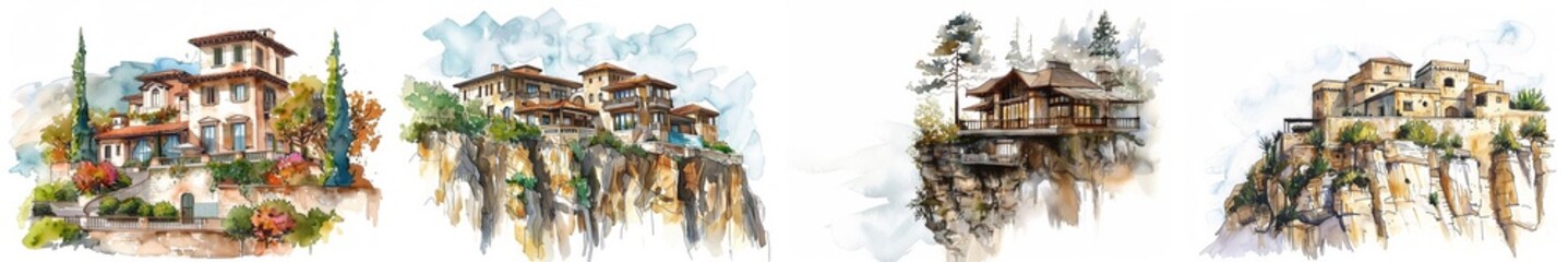 Fototapeta na wymiar Set of four watercolor paintings depicting Mediterranean-style cliffside villas with scenic landscapes, ideal for travel or real estate backgrounds with copy space