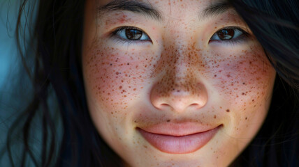 A close-up image of an Asian woman with many freckles