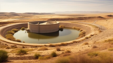 Water reservoir and desert landscape - obrazy, fototapety, plakaty