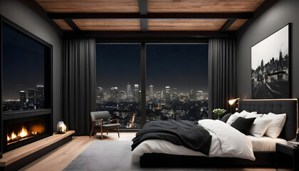 apartment bedroom, night, nighttime, city view, modern decor, luxury high rise