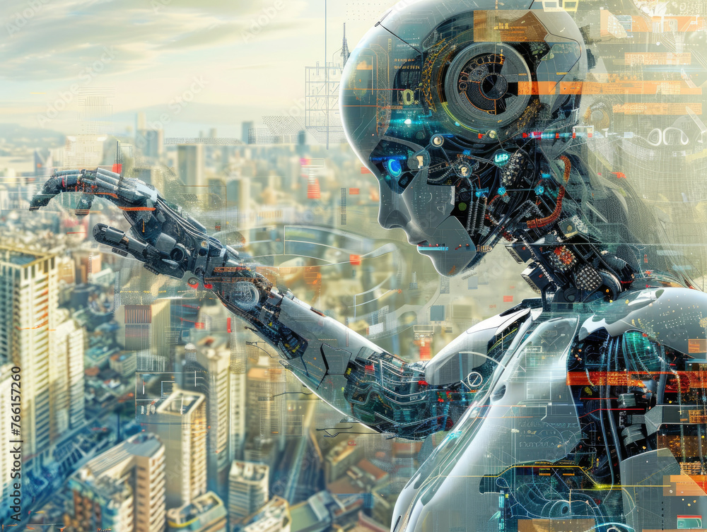 Aufkleber a robot with a hand pointing to the sky. the robot is surrounded by a cityscape with tall buildings 
