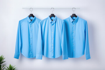 Three blue shirts hanging on a rack. The shirts are all the same color and style