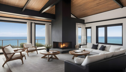 Fototapeta na wymiar beautiful modern living room with fireplace and black and white decor