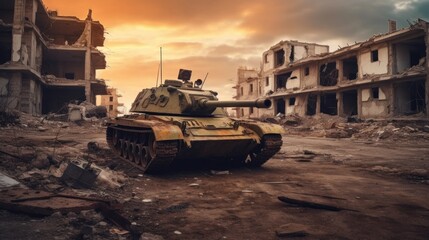 War Tank and Damaged Buildings, military tank on the city street. - obrazy, fototapety, plakaty