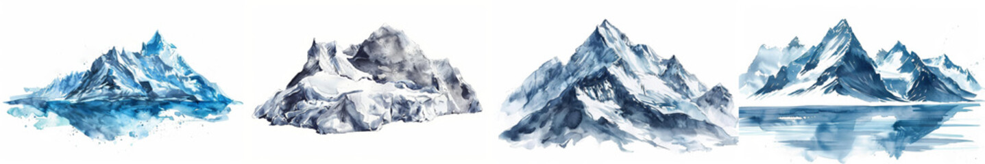 Set of four watercolor mountain landscapes, suitable as artistic backgrounds with ample white space for text overlays, ideal for nature themes or travel-related concepts