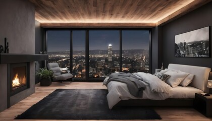 apartment bedroom, night, nighttime, city view, modern decor, luxury high rise